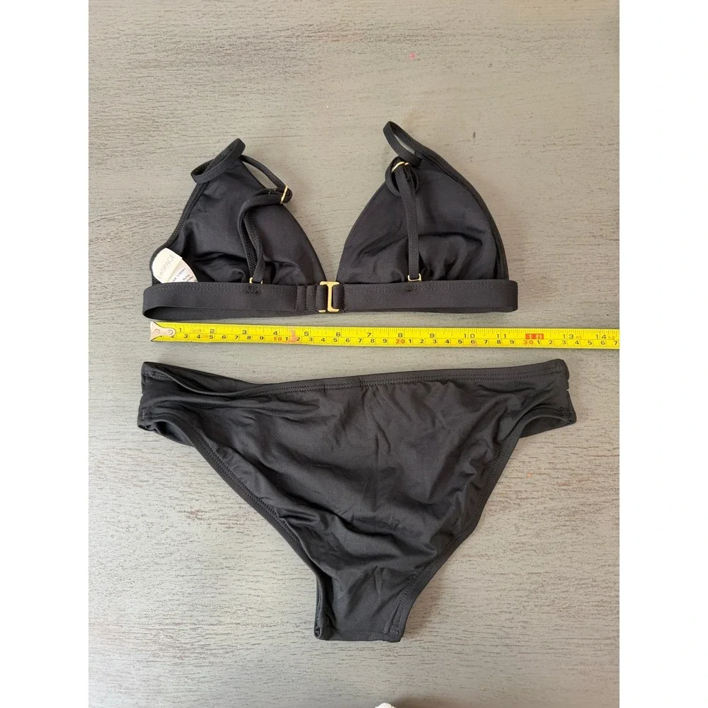 L*Space Black Triangle Bikini Set Gold Hardware Full Cut Bottoms XS NWOT